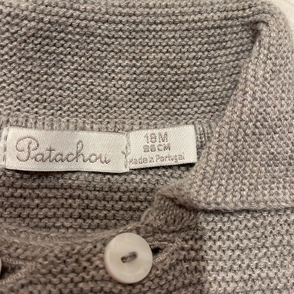 Patachou Gray Knit double button sweater with plaid detailing, 18mo